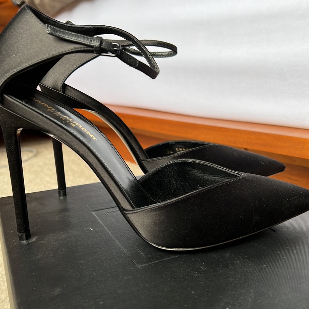 Saint Laurent Black Satin Pointed Toe Ankle-Strap Heels - Picture 3 of 5